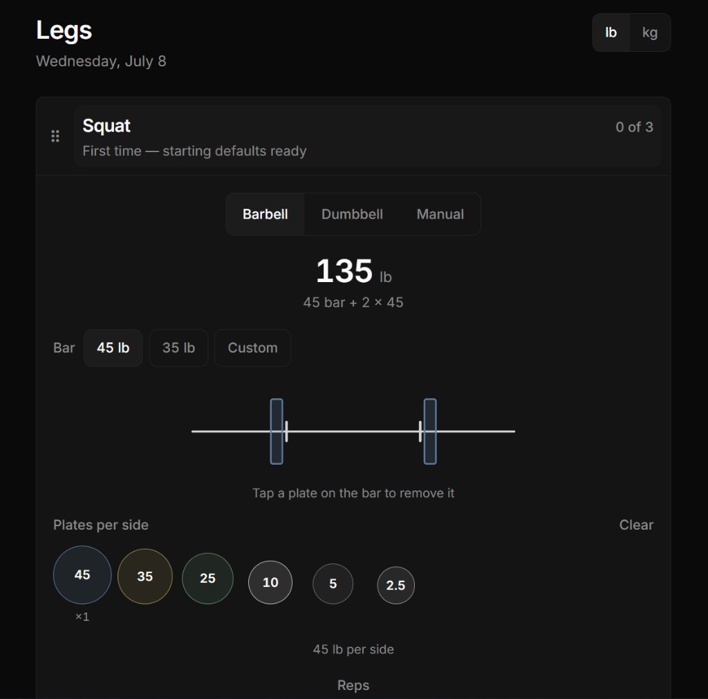 MIRIN — Legs workout with visual barbell weight input